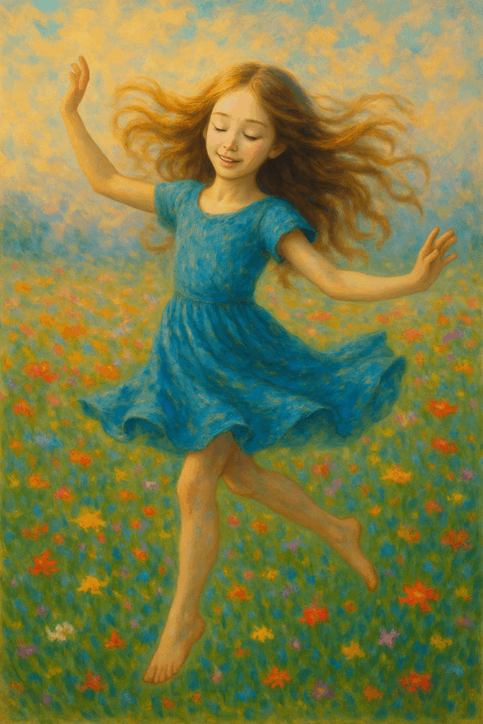 erstelle mir ein kunstvolles Bild von einem Mädchen auf einer Blumenwiese