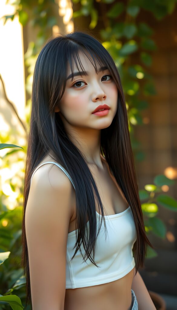 A young teenage girl with long, straight, jet-black hair styled with a cute cut, wearing a white cropped tank top, stands confidently against a backdrop of lush greenery. The scene is bathed in warm, golden sunlight, casting soft shadows and highlighting her stunning features. She strikes a side pose, exuding a sense of calm and beauty. The background includes a rustic wooden wall, adding a touch of natural charm to the composition. The image is rendered in a vibrant, colorful style, with a focus on intricate details and a harmonious blend of colors, creating a captivating and visually striking scene.