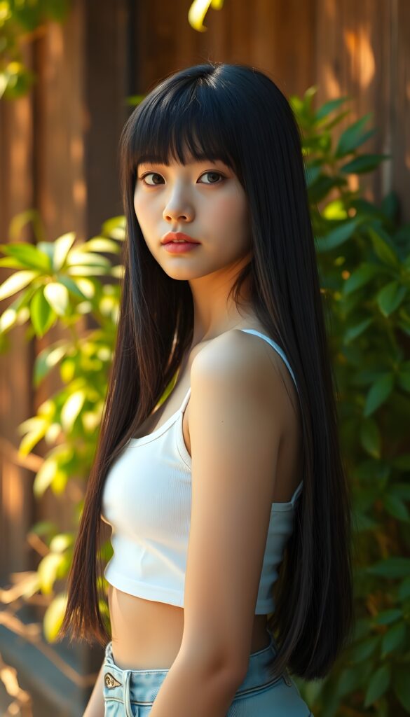 A young teenage girl with long, straight, jet-black hair styled with a cute cut, wearing a white cropped tank top, stands confidently against a backdrop of lush greenery. The scene is bathed in warm, golden sunlight, casting soft shadows and highlighting her stunning features. She strikes a side pose, exuding a sense of calm and beauty. The background includes a rustic wooden wall, adding a touch of natural charm to the composition. The image is rendered in a vibrant, colorful style, with a focus on intricate details and a harmonious blend of colors, creating a captivating and visually striking scene.