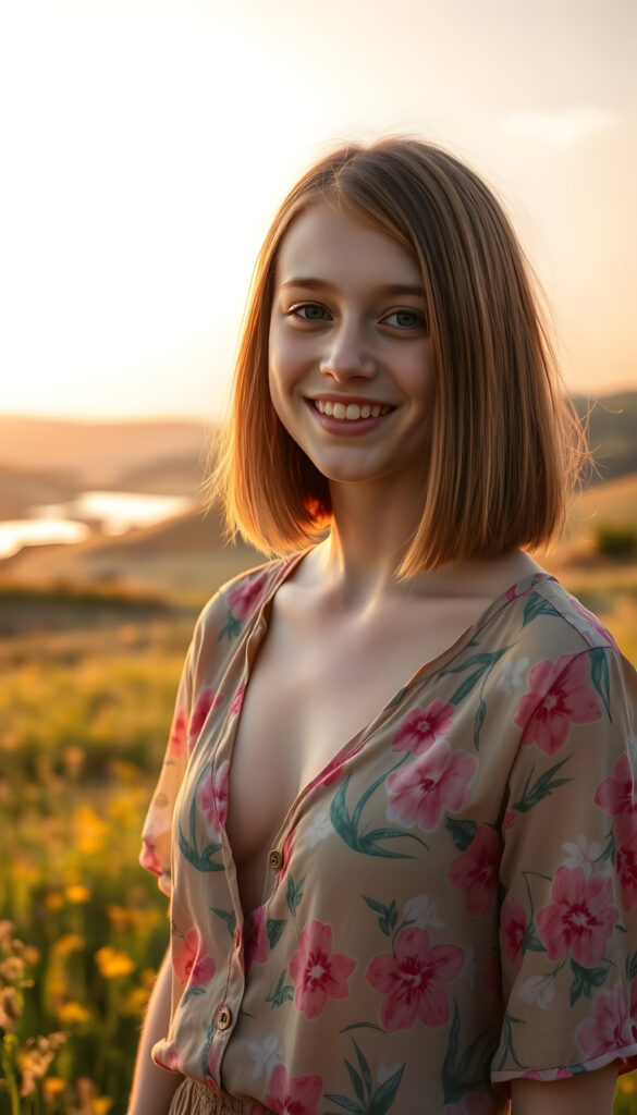 A young teenage girl well busty with straight shoulder length auburn copper hair, bob cut and flawless skin stands in a sunlit meadow, wearing a vibrant, floral-patterned shirt that billows gently in the breeze, deep n-neck. Her eyes sparkle with joy, and her smile is warm and inviting. Behind her, a picturesque landscape unfolds, with rolling hills, a crystal-clear lake, and a soft, golden sunset painting the sky with hues of orange and pink. The scene is imbued with a sense of serenity and happiness, capturing the essence of a perfect summer day.