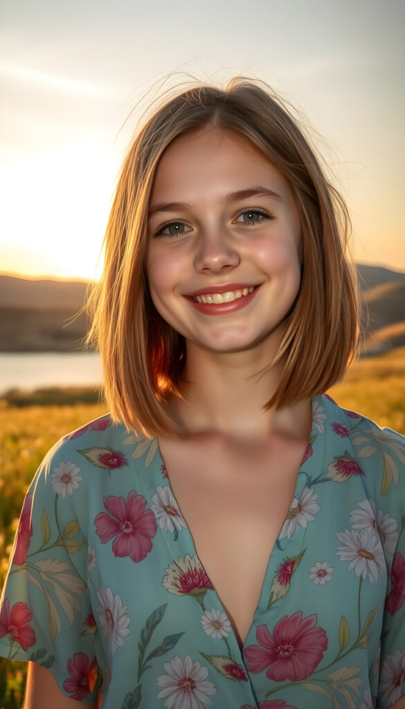 A young teenage girl well busty with straight shoulder length auburn copper hair, bob cut and flawless skin stands in a sunlit meadow, wearing a vibrant, floral-patterned shirt that billows gently in the breeze, deep n-neck. Her eyes sparkle with joy, and her smile is warm and inviting. Behind her, a picturesque landscape unfolds, with rolling hills, a crystal-clear lake, and a soft, golden sunset painting the sky with hues of orange and pink. The scene is imbued with a sense of serenity and happiness, capturing the essence of a perfect summer day.