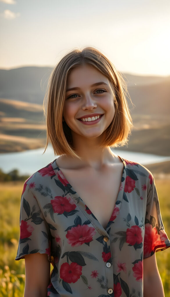 A young teenage girl well busty with straight shoulder length auburn copper hair, bob cut and flawless skin stands in a sunlit meadow, wearing a vibrant, floral-patterned shirt that billows gently in the breeze, deep n-neck. Her eyes sparkle with joy, and her smile is warm and inviting. Behind her, a picturesque landscape unfolds, with rolling hills, a crystal-clear lake, and a soft, golden sunset painting the sky with hues of orange and pink. The scene is imbued with a sense of serenity and happiness, capturing the essence of a perfect summer day.