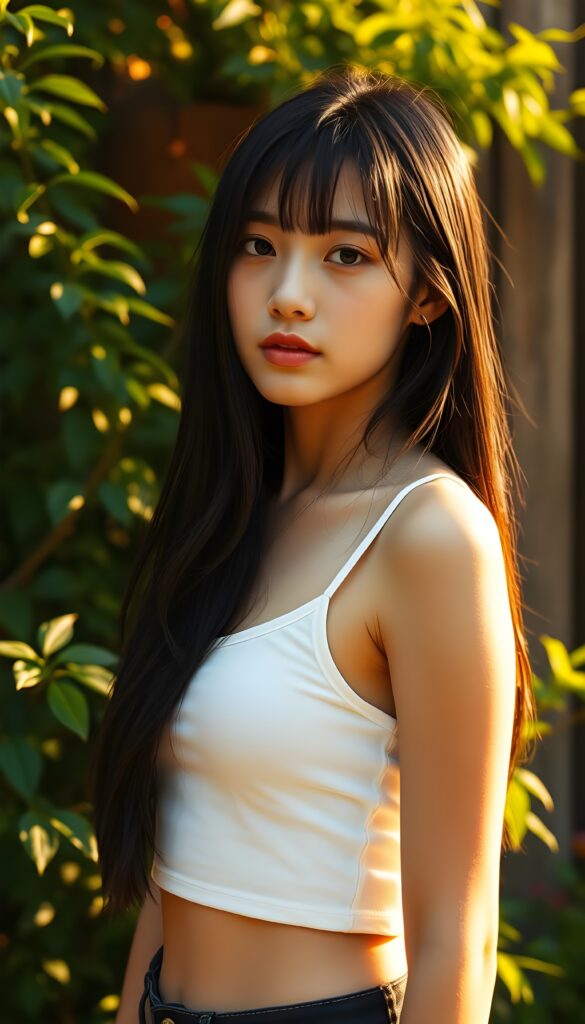 A young teenage girl with long, straight, jet-black hair styled with a cute cut, wearing a white cropped tank top, stands confidently against a backdrop of lush greenery. The scene is bathed in warm, golden sunlight, casting soft shadows and highlighting her stunning features. She strikes a side pose, exuding a sense of calm and beauty. The background includes a rustic wooden wall, adding a touch of natural charm to the composition. The image is rendered in a vibrant, colorful style, with a focus on intricate details and a harmonious blend of colors, creating a captivating and visually striking scene.