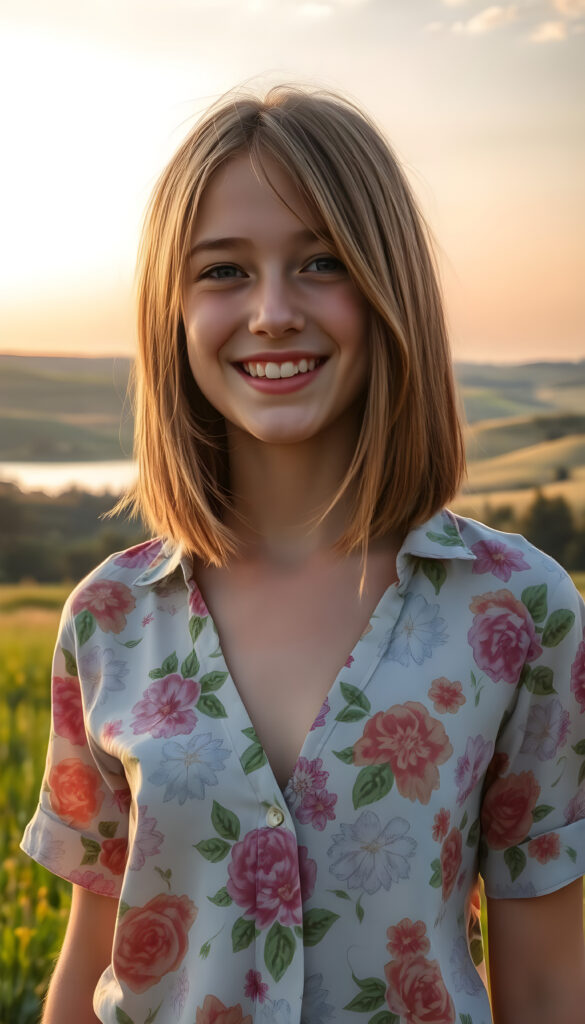 A young teenage girl well busty with straight shoulder length auburn copper hair, bob cut and flawless skin stands in a sunlit meadow, wearing a vibrant, floral-patterned shirt that billows gently in the breeze, deep n-neck. Her eyes sparkle with joy, and her smile is warm and inviting. Behind her, a picturesque landscape unfolds, with rolling hills, a crystal-clear lake, and a soft, golden sunset painting the sky with hues of orange and pink. The scene is imbued with a sense of serenity and happiness, capturing the essence of a perfect summer day.