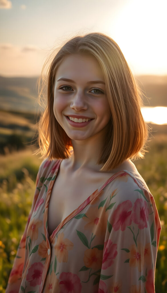 A young teenage girl well busty with straight shoulder length auburn copper hair, bob cut and flawless skin stands in a sunlit meadow, wearing a vibrant, floral-patterned shirt that billows gently in the breeze, deep n-neck. Her eyes sparkle with joy, and her smile is warm and inviting. Behind her, a picturesque landscape unfolds, with rolling hills, a crystal-clear lake, and a soft, golden sunset painting the sky with hues of orange and pink. The scene is imbued with a sense of serenity and happiness, capturing the essence of a perfect summer day.