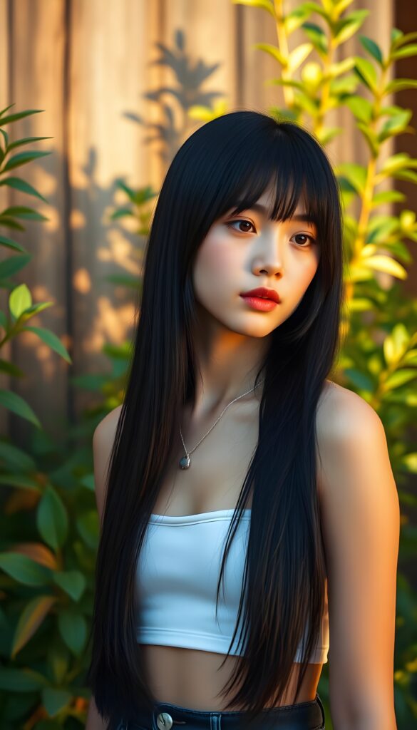 A young teenage girl with long, straight, jet-black hair styled with a cute cut, wearing a white cropped tank top, stands confidently against a backdrop of lush greenery. The scene is bathed in warm, golden sunlight, casting soft shadows and highlighting her stunning features. She strikes a side pose, exuding a sense of calm and beauty. The background includes a rustic wooden wall, adding a touch of natural charm to the composition. The image is rendered in a vibrant, colorful style, with a focus on intricate details and a harmonious blend of colors, creating a captivating and visually striking scene.
