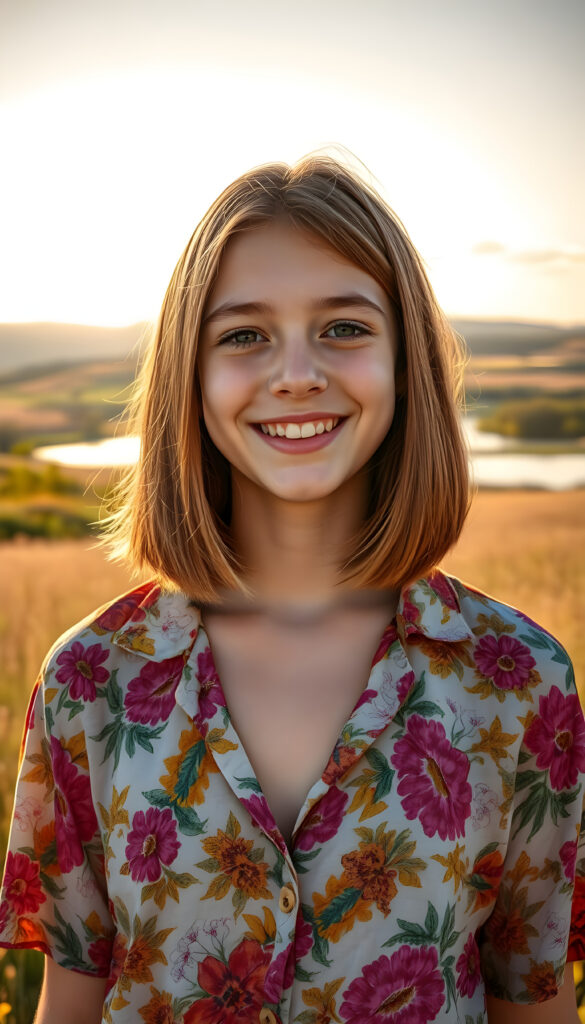 A young teenage girl well busty with straight shoulder length auburn copper hair, bob cut and flawless skin stands in a sunlit meadow, wearing a vibrant, floral-patterned shirt that billows gently in the breeze, deep n-neck. Her eyes sparkle with joy, and her smile is warm and inviting. Behind her, a picturesque landscape unfolds, with rolling hills, a crystal-clear lake, and a soft, golden sunset painting the sky with hues of orange and pink. The scene is imbued with a sense of serenity and happiness, capturing the essence of a perfect summer day.