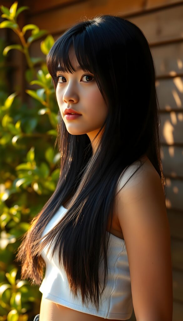 A young teenage girl with long, straight, jet-black hair styled with a cute cut, wearing a white cropped tank top, stands confidently against a backdrop of lush greenery. The scene is bathed in warm, golden sunlight, casting soft shadows and highlighting her stunning features. She strikes a side pose, exuding a sense of calm and beauty. The background includes a rustic wooden wall, adding a touch of natural charm to the composition. The image is rendered in a vibrant, colorful style, with a focus on intricate details and a harmonious blend of colors, creating a captivating and visually striking scene.
