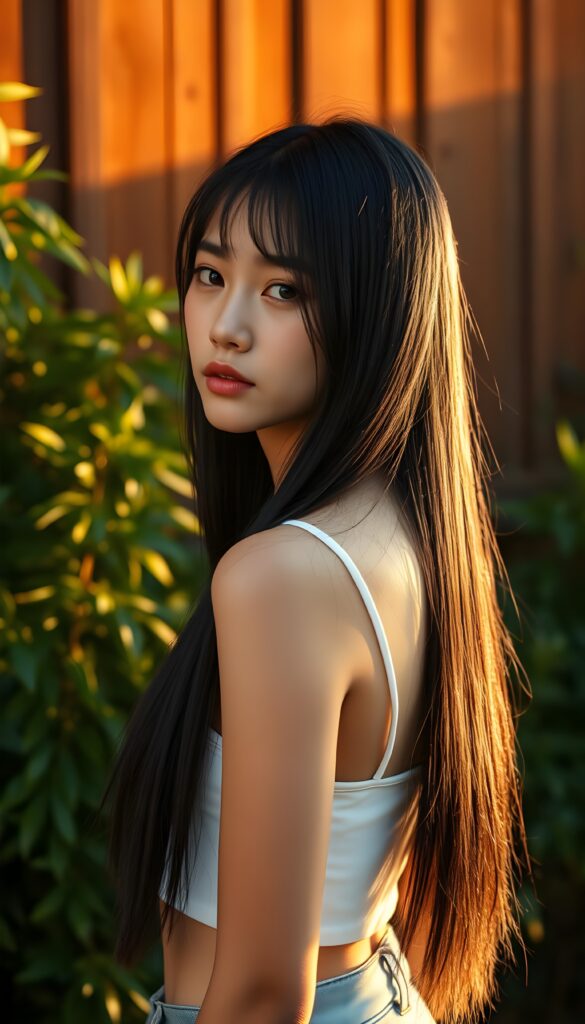 A young teenage girl with long, straight, jet-black hair styled with a cute cut, wearing a white cropped tank top, stands confidently against a backdrop of lush greenery. The scene is bathed in warm, golden sunlight, casting soft shadows and highlighting her stunning features. She strikes a side pose, exuding a sense of calm and beauty. The background includes a rustic wooden wall, adding a touch of natural charm to the composition. The image is rendered in a vibrant, colorful style, with a focus on intricate details and a harmonious blend of colors, creating a captivating and visually striking scene.