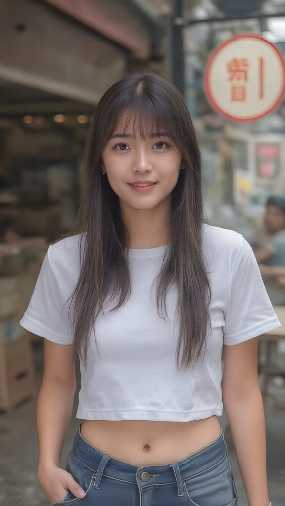 A young, typical Korean woman in her early 20s, with smooth, fair skin, dark straight hair, and a natural makeup look. She is wearing trendy yet simple Korean street fashion: a cropped white T-shirt, shows her belly button, short denim jeans. She is standing in a modern urban Seoul setting, with cafes and colorful signboards in the background. Her expression is friendly and confident.