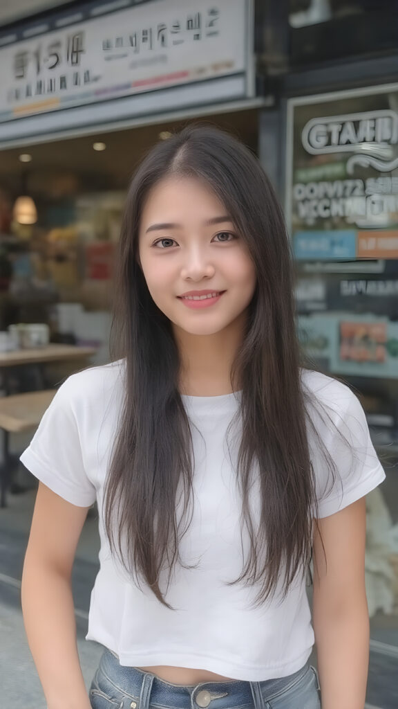 A young, typical Korean woman in her early 20s, with smooth, fair skin, dark straight hair, and a natural makeup look. She is wearing trendy yet simple Korean street fashion: a cropped white T-shirt, shows her belly button, short denim jeans. She is standing in a modern urban Seoul setting, with cafes and colorful signboards in the background. Her expression is friendly and confident.