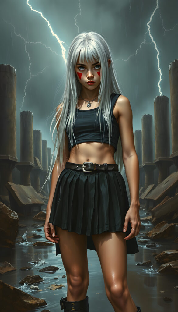 A young warrior teen girl with long, straight white hair and large, expressive eyes stands amidst a stormy landscape. Her cheeks are adorned with bold red war paint, and she wears a short pleated black skirt paired with a cropped fitted tactical vest. The wet fabric clings to her form, emphasizing her physique. The scene is set under a dramatic, high-contrast lighting with flashes of lightning illuminating the ruins and water splashing from puddles. The atmosphere is tense yet captivating, with a cinematic haze enveloping the surroundings. The composition emphasizes her strength and beauty, creating a powerful and visually striking image.