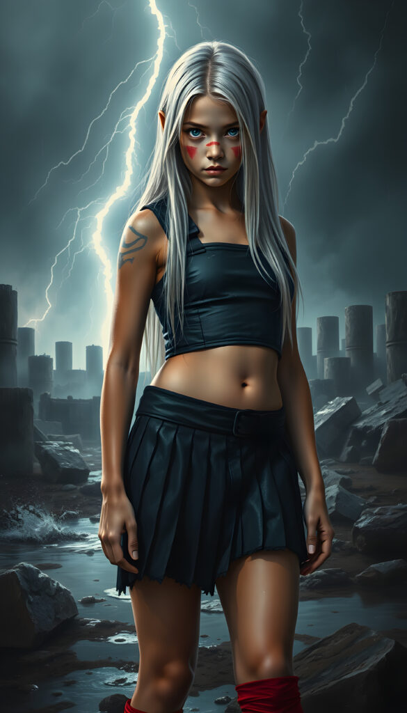A young warrior teen girl with long, straight white hair and large, expressive eyes stands amidst a stormy landscape. Her cheeks are adorned with bold red war paint, and she wears a short pleated black skirt paired with a cropped fitted tactical vest. The wet fabric clings to her form, emphasizing her physique. The scene is set under a dramatic, high-contrast lighting with flashes of lightning illuminating the ruins and water splashing from puddles. The atmosphere is tense yet captivating, with a cinematic haze enveloping the surroundings. The composition emphasizes her strength and beauty, creating a powerful and visually striking image.