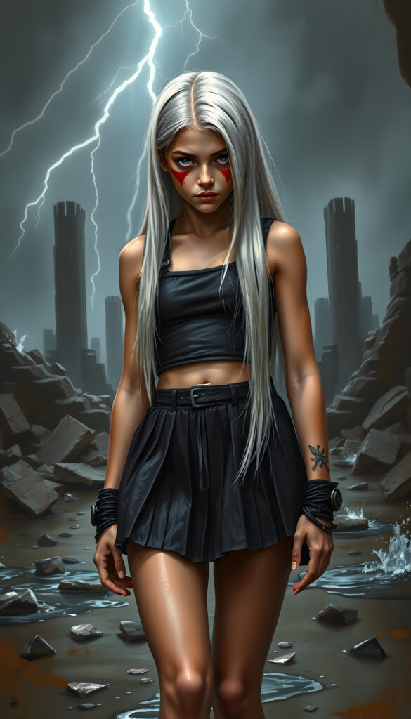 A young warrior teen girl with long, straight white hair and large, expressive eyes stands amidst a stormy landscape. Her cheeks are adorned with bold red war paint, and she wears a short pleated black skirt paired with a cropped fitted tactical vest. The wet fabric clings to her form, emphasizing her physique. The scene is set under a dramatic, high-contrast lighting with flashes of lightning illuminating the ruins and water splashing from puddles. The atmosphere is tense yet captivating, with a cinematic haze enveloping the surroundings. The composition emphasizes her strength and beauty, creating a powerful and visually striking image.