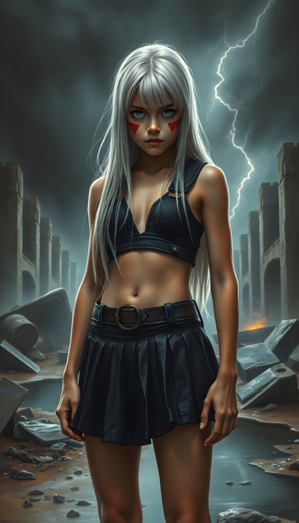 A young warrior teen girl with long, straight white hair and large, expressive eyes stands amidst a stormy landscape. Her cheeks are adorned with bold red war paint, and she wears a short pleated black skirt paired with a cropped fitted tactical vest. The wet fabric clings to her form, emphasizing her physique. The scene is set under a dramatic, high-contrast lighting with flashes of lightning illuminating the ruins and water splashing from puddles. The atmosphere is tense yet captivating, with a cinematic haze enveloping the surroundings. The composition emphasizes her strength and beauty, creating a powerful and visually striking image.