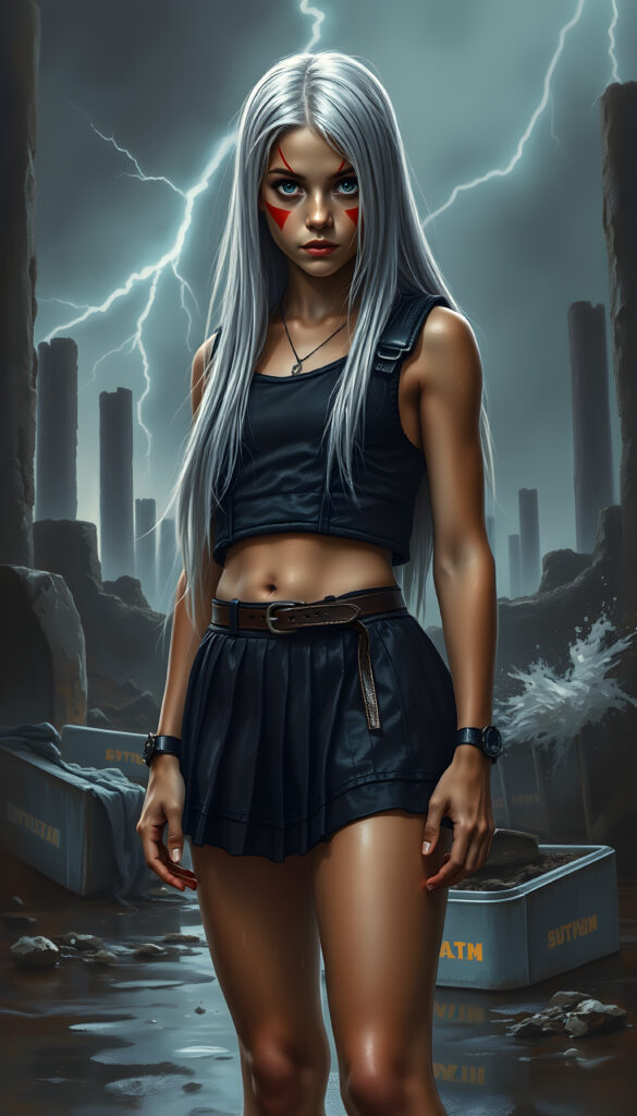 A young warrior teen girl with long, straight white hair and large, expressive eyes stands amidst a stormy landscape. Her cheeks are adorned with bold red war paint, and she wears a short pleated black skirt paired with a cropped fitted tactical vest. The wet fabric clings to her form, emphasizing her physique. The scene is set under a dramatic, high-contrast lighting with flashes of lightning illuminating the ruins and water splashing from puddles. The atmosphere is tense yet captivating, with a cinematic haze enveloping the surroundings. The composition emphasizes her strength and beauty, creating a powerful and visually striking image.