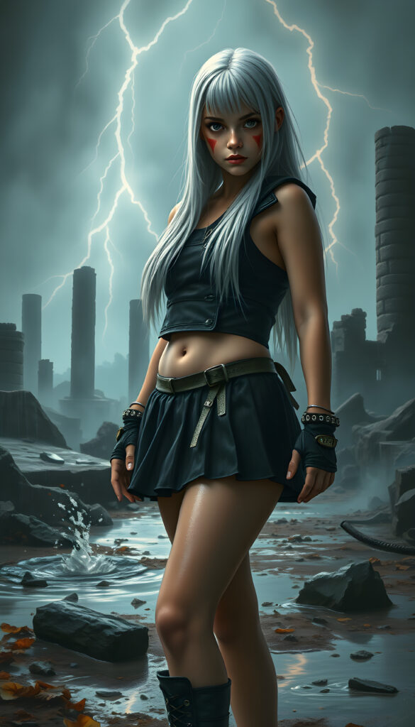 A young warrior teen girl with long, straight white hair and large, expressive eyes stands amidst a stormy landscape. Her cheeks are adorned with bold red war paint, and she wears a short pleated black skirt paired with a cropped fitted tactical vest. The wet fabric clings to her form, emphasizing her physique. The scene is set under a dramatic, high-contrast lighting with flashes of lightning illuminating the ruins and water splashing from puddles. The atmosphere is tense yet captivating, with a cinematic haze enveloping the surroundings. The composition emphasizes her strength and beauty, creating a powerful and visually striking image.