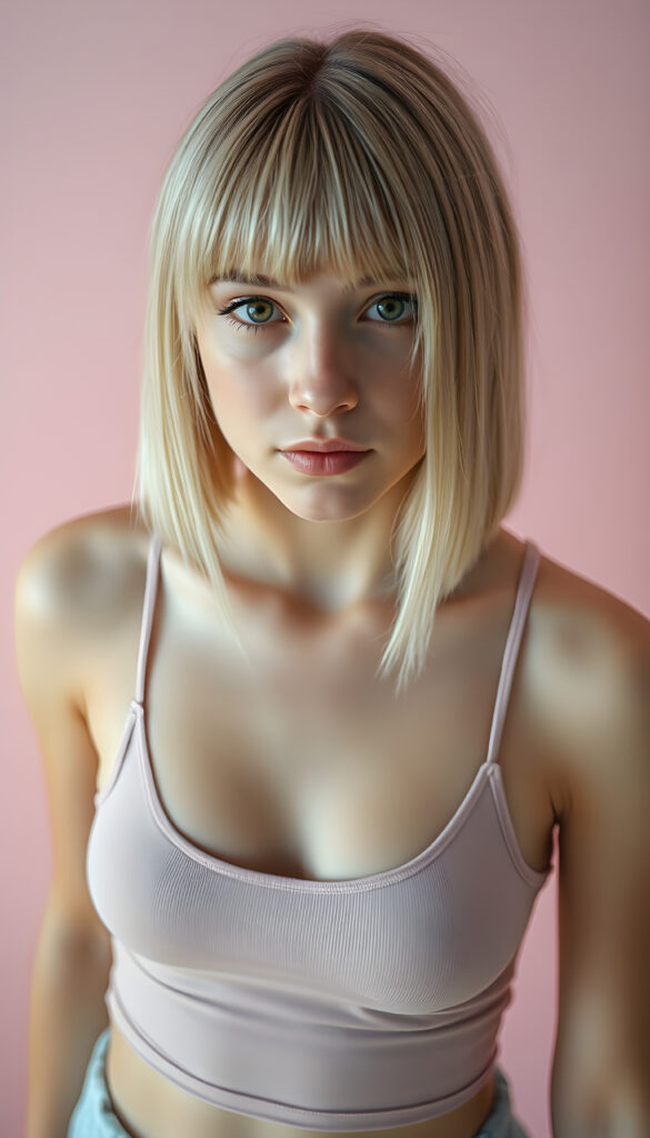 A young well busty teen girl with striking, straight shoulder-long blonde hair framing her face, bob cut, her bangs styled in a perfect side part, exuding confidence with a curvy silhouette, poses confidently against a soft, pastel pink backdrop. She is dressed in a modern, minimalist style thin cropped light grey tank top, deep v-neck, perfect female curved body. The lighting is soft and ethereal, highlighting her features and adding a dreamy atmosphere to the scene, ((view from above))