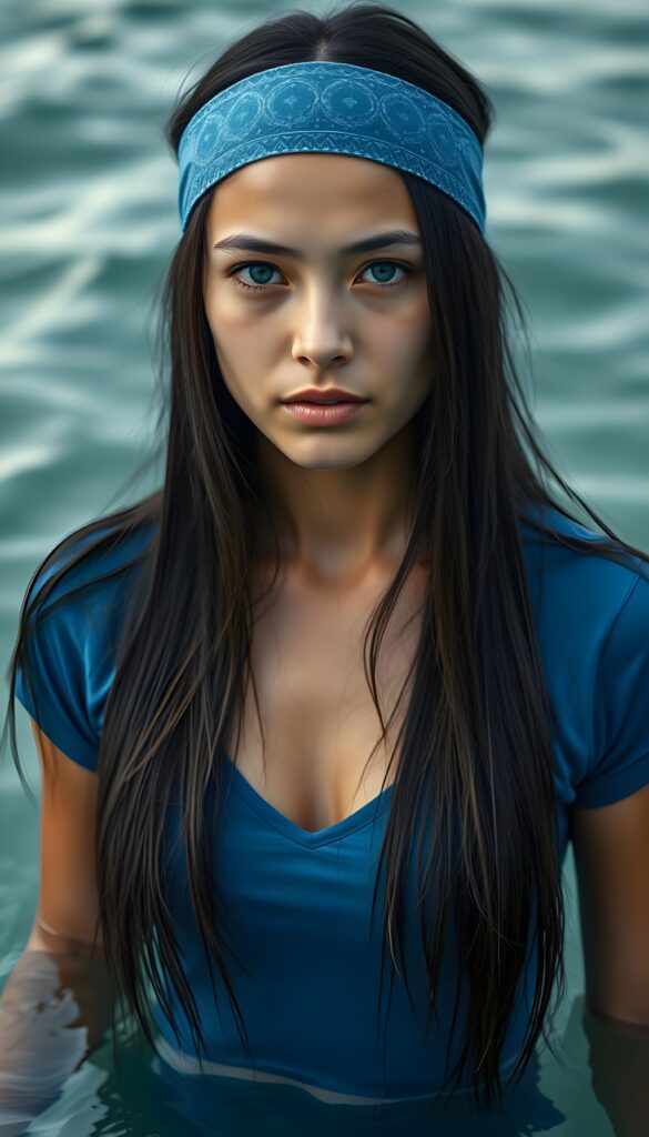 A young well busty woman with long, straight black fine open hair is wearing a blue headband with lots of patterns. Her hair falls down to her upper body like a waterfall in slightly waves. She has deep blue eyes. She is wearing a thin blue t-shirt, deep v-neck and wide open front, she is standing waist-deep in crystal-clear water.