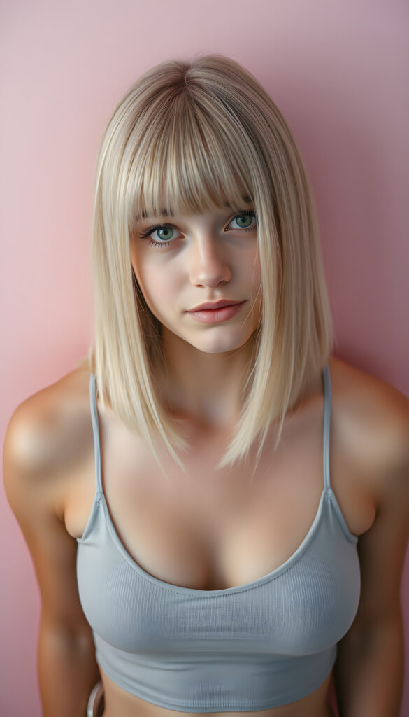 A young well busty teen girl with striking, straight shoulder-long blonde hair framing her face, bob cut, her bangs styled in a perfect side part, exuding confidence with a curvy silhouette, poses confidently against a soft, pastel pink backdrop. She is dressed in a modern, minimalist style thin cropped light grey tank top, deep v-neck, perfect female curved body. The lighting is soft and ethereal, highlighting her features and adding a dreamy atmosphere to the scene, ((view from above))