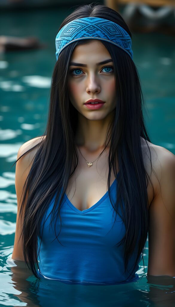 A young well busty woman with long, straight black fine open hair is wearing a blue headband with lots of patterns. Her hair falls down to her upper body like a waterfall in slightly waves. She has deep blue eyes. She is wearing a thin blue t-shirt, deep v-neck and wide open front, she is standing waist-deep in crystal-clear water.