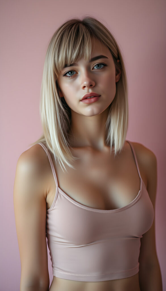 A young well busty teen girl with striking, straight shoulder-long blonde hair framing her face, bob cut, her bangs styled in a perfect side part, exuding confidence with a curvy silhouette, poses confidently against a soft, pastel pink backdrop. She is dressed in a modern, minimalist style thin cropped light grey tank top, deep v-neck, perfect female curved body. The lighting is soft and ethereal, highlighting her features and adding a dreamy atmosphere to the scene, ((view from above))