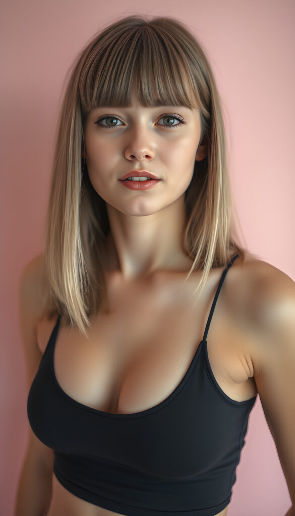 A young well busty teen girl with striking, straight shoulder-long blonde hair framing her face, bob cut, her bangs styled in a perfect side part, exuding confidence with a curvy silhouette, poses confidently against a soft, pastel pink backdrop. She is dressed in a modern, minimalist style thin cropped light grey tank top, deep v-neck, perfect female curved body. The lighting is soft and ethereal, highlighting her features and adding a dreamy atmosphere to the scene, ((view from above))