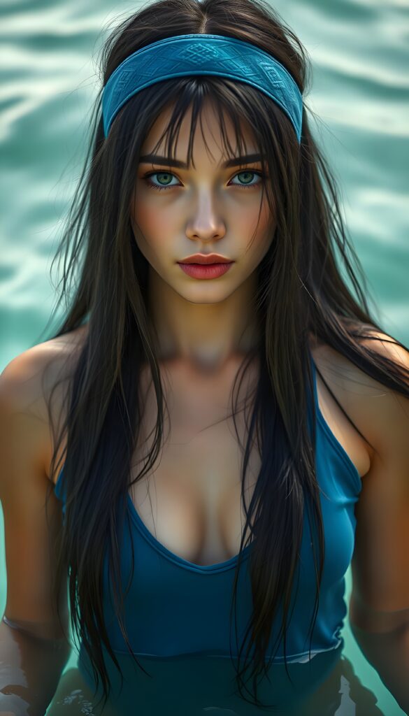 A young well busty woman with long, straight black fine open hair is wearing a blue headband with lots of patterns. Her hair falls down to her upper body like a waterfall in slightly waves. She has deep blue eyes. She is wearing a thin blue t-shirt, deep v-neck and wide open front, she is standing waist-deep in crystal-clear water.