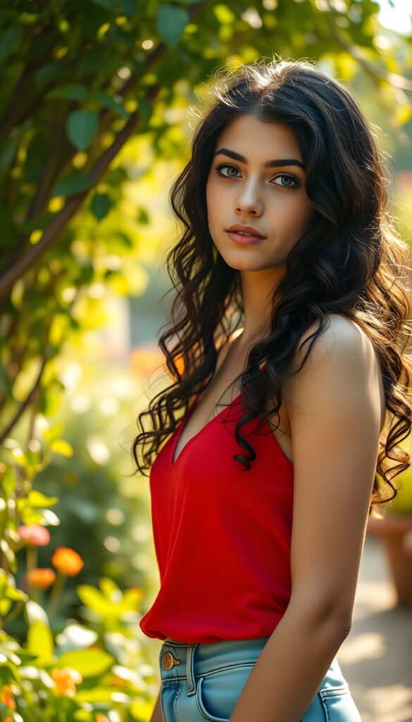 A young well busty teen girl babe with curly long black hair and a few highlights, wearing a red camisole with a deep neckline, stands confidently in a whimsical garden. Her flawless skin and deep blue eyes sparkle under the soft, golden sunlight filtering through the lush greenery. The scene is captured from a slightly low angle, emphasizing her graceful posture and the serene beauty of the surroundings.