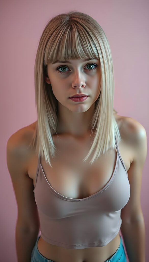 A young well busty teen girl with striking, straight shoulder-long blonde hair framing her face, bob cut, her bangs styled in a perfect side part, exuding confidence with a curvy silhouette, poses confidently against a soft, pastel pink backdrop. She is dressed in a modern, minimalist style thin cropped light grey tank top, deep v-neck, perfect female curved body. The lighting is soft and ethereal, highlighting her features and adding a dreamy atmosphere to the scene, ((view from above))