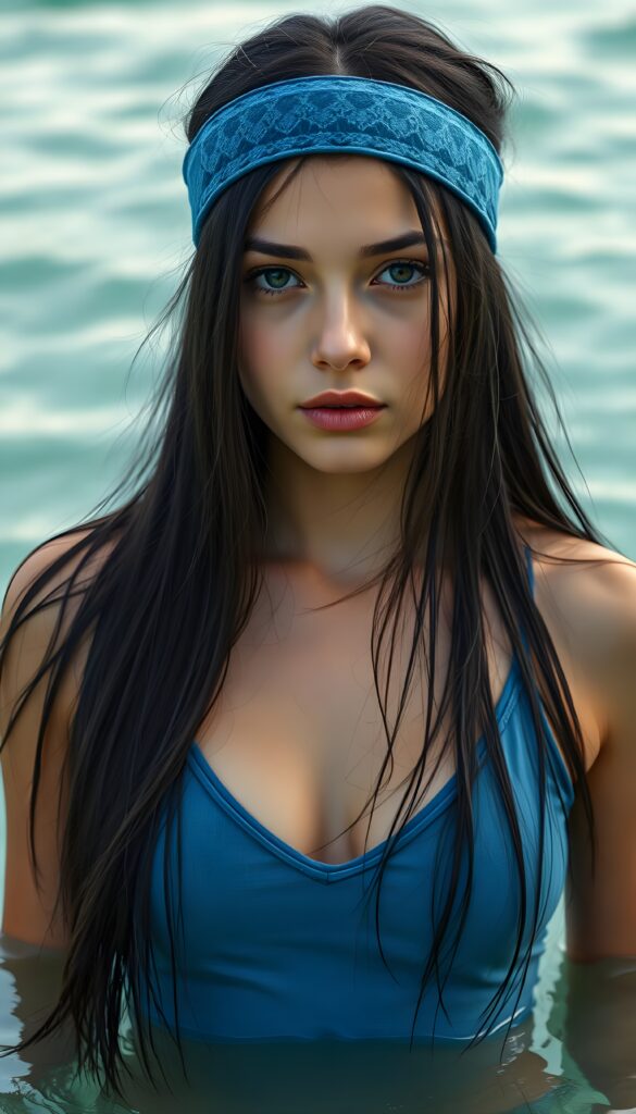 A young well busty woman with long, straight black fine open hair is wearing a blue headband with lots of patterns. Her hair falls down to her upper body like a waterfall in slightly waves. She has deep blue eyes. She is wearing a thin blue t-shirt, deep v-neck and wide open front, she is standing waist-deep in crystal-clear water.