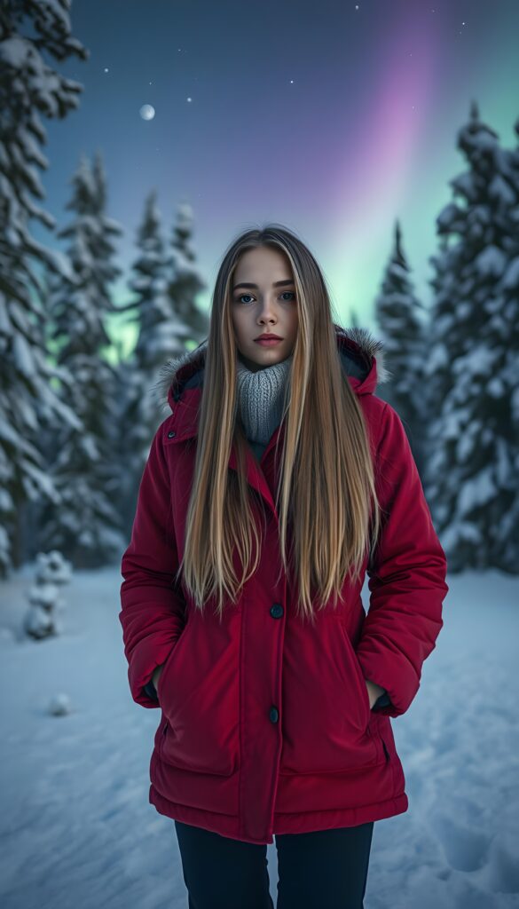 A young woman 21 years old, warmly dressed in a vibrant winter coat, long straight blond hair stands confidently in a serene, snow-covered forest clearing. The trees are thick with snow, their branches heavy and glittering under the moonlight. Behind her, the Northern Lights dance across the starry sky, casting an ethereal glow of emerald and violet hues. The ground is covered in a thick blanket of pristine snow. The air is crisp and still, creating a magical winter wonderland.