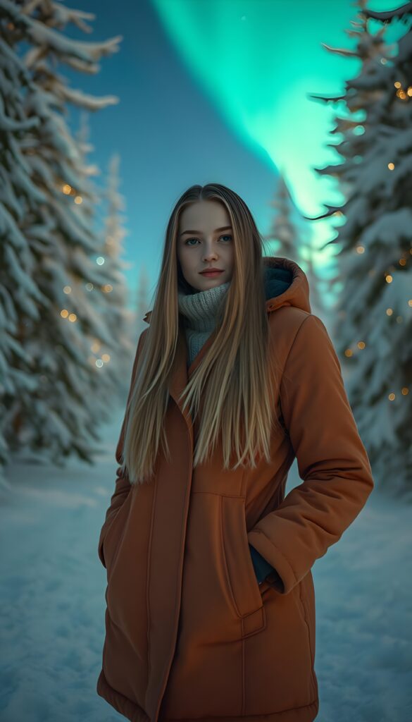 A young woman 21 years old, warmly dressed in a vibrant winter coat, long straight blond hair stands confidently in a serene, snow-covered forest clearing. The trees are thick with snow, their branches heavy and glittering under the moonlight. Behind her, the Northern Lights dance across the starry sky, casting an ethereal glow of emerald and violet hues. The ground is covered in a thick blanket of pristine snow. The air is crisp and still, creating a magical winter wonderland.