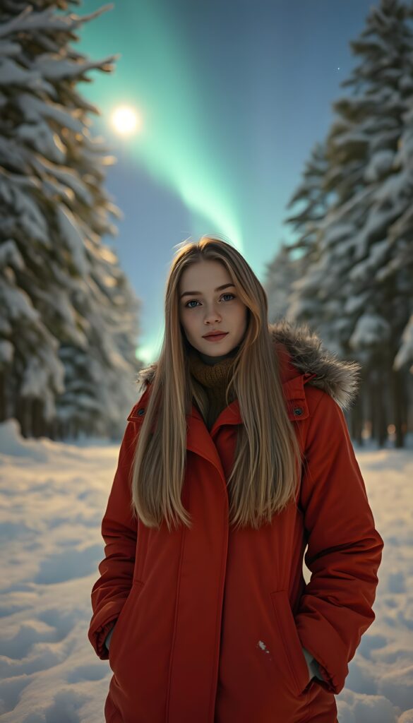 A young woman 21 years old, warmly dressed in a vibrant winter coat, long straight blond hair stands confidently in a serene, snow-covered forest clearing. The trees are thick with snow, their branches heavy and glittering under the moonlight. Behind her, the Northern Lights dance across the starry sky, casting an ethereal glow of emerald and violet hues. The ground is covered in a thick blanket of pristine snow. The air is crisp and still, creating a magical winter wonderland.