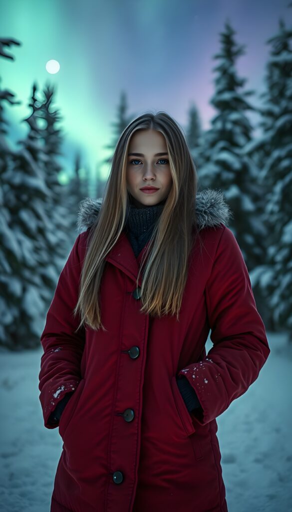 A young woman 21 years old, warmly dressed in a vibrant winter coat, long straight blond hair stands confidently in a serene, snow-covered forest clearing. The trees are thick with snow, their branches heavy and glittering under the moonlight. Behind her, the Northern Lights dance across the starry sky, casting an ethereal glow of emerald and violet hues. The ground is covered in a thick blanket of pristine snow. The air is crisp and still, creating a magical winter wonderland.