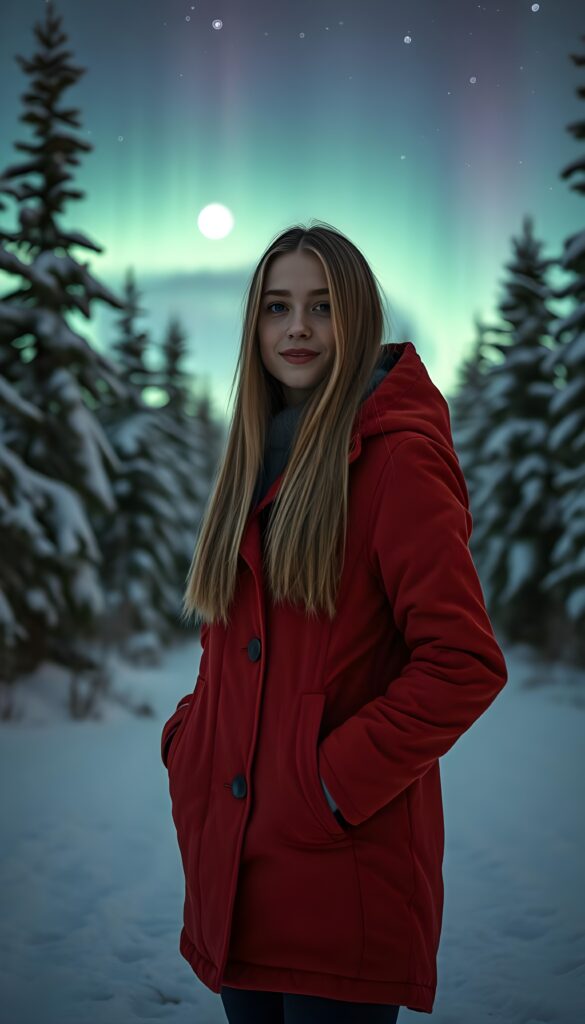 A young woman 21 years old, warmly dressed in a vibrant winter coat, long straight blond hair stands confidently in a serene, snow-covered forest clearing. The trees are thick with snow, their branches heavy and glittering under the moonlight. Behind her, the Northern Lights dance across the starry sky, casting an ethereal glow of emerald and violet hues. The ground is covered in a thick blanket of pristine snow. The air is crisp and still, creating a magical winter wonderland.