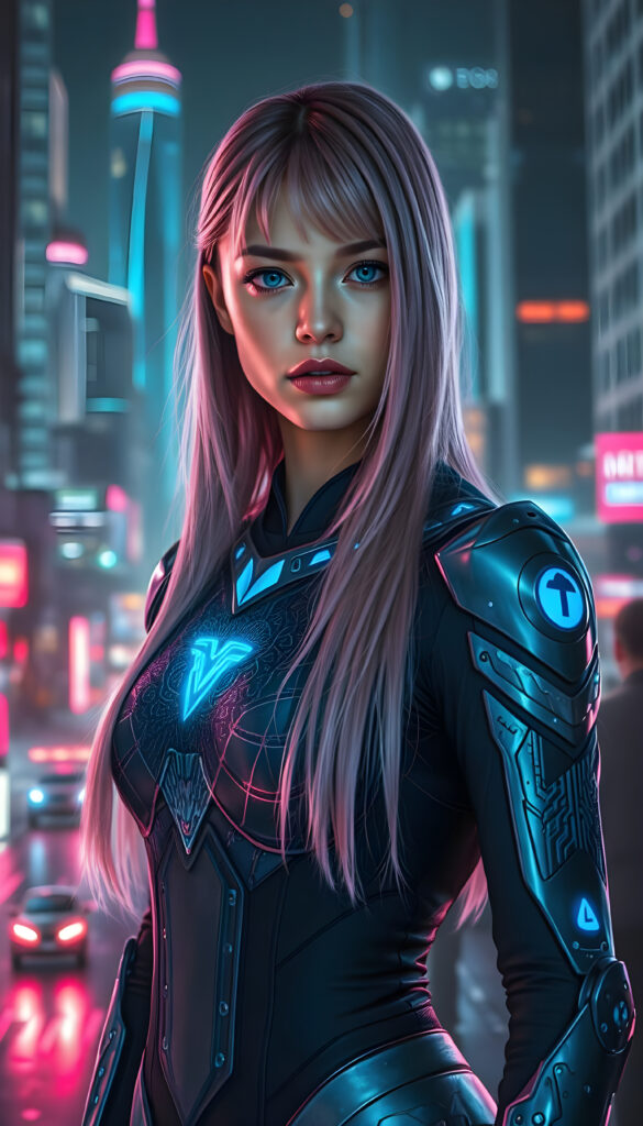 A young woman with shoulder long, flowing pink hair falls like a waterfall upper body and mesmerizing light blue eyes stands in a futuristic armor, adorned with intricate glowing silver patterns. The armor is sleek and modern, reflecting advanced technology. She is positioned in a high-tech environment with holographic interfaces and neon lights. The scene is set against a backdrop of a bustling sci-fi cityscape with flying vehicles and towering skyscrapers. The lighting is dramatic, casting a soft glow on her face and highlighting the armor's details. The overall composition emphasizes her strong and confident stance, with dynamic angles and vivid colors to enhance the futuristic theme.