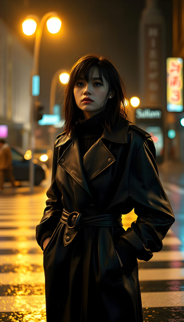 A young woman with wet, tousled dark hair cascading across her face stands on a rain-soaked crosswalk at night. She is dressed in an oversized, belted black leather trench coat over a thick knit sweater, her lips slightly parted as she gazes into the distance. The scene is bathed in warm golden light from streetlamps, with blurred headlights creating a bokeh effect behind her. Neon lights in faint blues and reds add a vibrant contrast. The image is shot from a low angle, emphasizing her expressive pose as if caught in motion. The lighting is cinematic, with glowing highlights on wet surfaces, and incorporates analog unpredictability, light leaks, and softness. The style combines VHS distortions with sharp CG Unity detailing, preserving the atmosphere of a Hasselblad 500CM with Kodak Ektachrome's grain and glow, creating a raw, nostalgic yet sharp visual impact.
