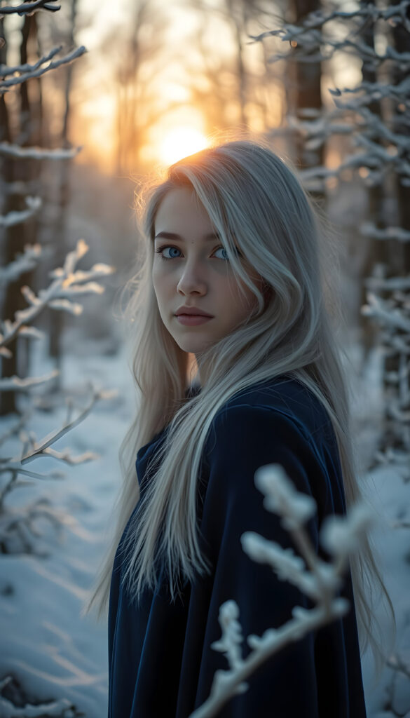 A young woman with flowing silver hair and violet eyes stands gracefully in a winter wonderland, her lips a gentle pink. She wears a deep blue velvet cloak, shimmering in the dawn's soft light. The snow-covered forest around her is painted with hues of icy white, silver, pale lavender, and soft gray, creating a dreamlike scene. Frost decorates the branches, while the rising sun casts a warm golden glow, blending romanticism and fantasy. Trees in the background are frosted, adding to the serene winter landscape.