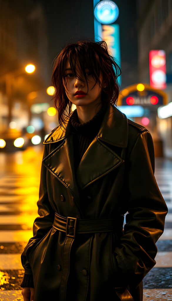 A young woman with wet, tousled dark hair cascading across her face stands on a rain-soaked crosswalk at night. She is dressed in an oversized, belted black leather trench coat over a thick knit sweater, her lips slightly parted as she gazes into the distance. The scene is bathed in warm golden light from streetlamps, with blurred headlights creating a bokeh effect behind her. Neon lights in faint blues and reds add a vibrant contrast. The image is shot from a low angle, emphasizing her expressive pose as if caught in motion. The lighting is cinematic, with glowing highlights on wet surfaces, and incorporates analog unpredictability, light leaks, and softness. The style combines VHS distortions with sharp CG Unity detailing, preserving the atmosphere of a Hasselblad 500CM with Kodak Ektachrome's grain and glow, creating a raw, nostalgic yet sharp visual impact.