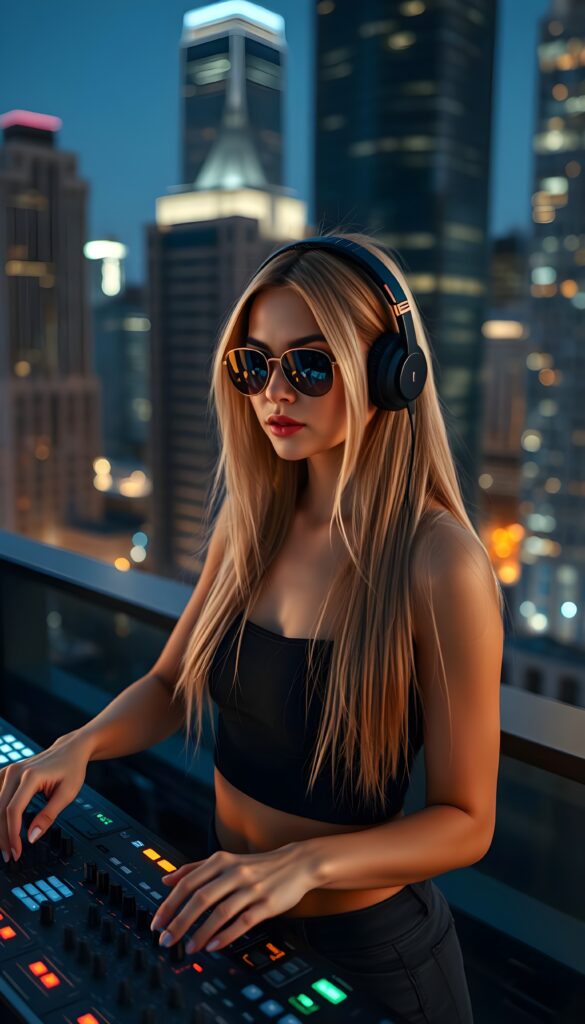 A young woman with long straight blonde hair is standing in front of a mixing console, mixing music. She is wearing large headphones and sunglasses. In the background is a nighttime skyline with tall skyscrapers that are lit up. She wears a cropped tank top.