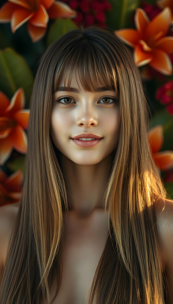 A young woman with super jet straight, silky, light brown hair with blond highlights stands against a backdrop of vibrant tropical flowers, her delicate features beautifully detailed, framed by cascading straight hair and subtle bangs, a soft smile playing on her lips, her flawless complexion glowing in the warm light, creating an enchanting, serene atmosphere. Her hair falls down to her upper body and cover the body. View from the front.