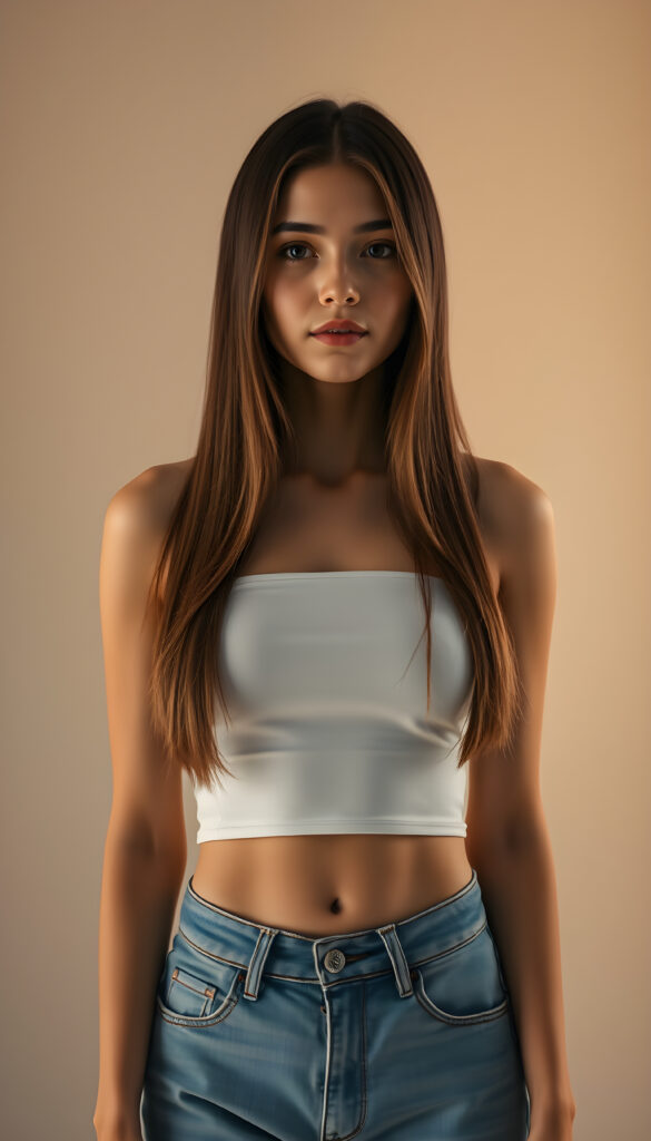 A young woman with long, straight, silky brown hair cascading down her shoulders, wearing a simple white cropped tube top and blue jeans. She stands in a softly lit photo studio with a serene expression, surrounded by soft, diffused lighting that highlights her features. The background is minimalist, featuring a gradient of warm tones, enhancing the tranquility of the scene. Her hair gently falls over her shoulders, creating an elegant and timeless atmosphere. The overall composition is balanced, with a focus on her gentle expression and the serene setting.