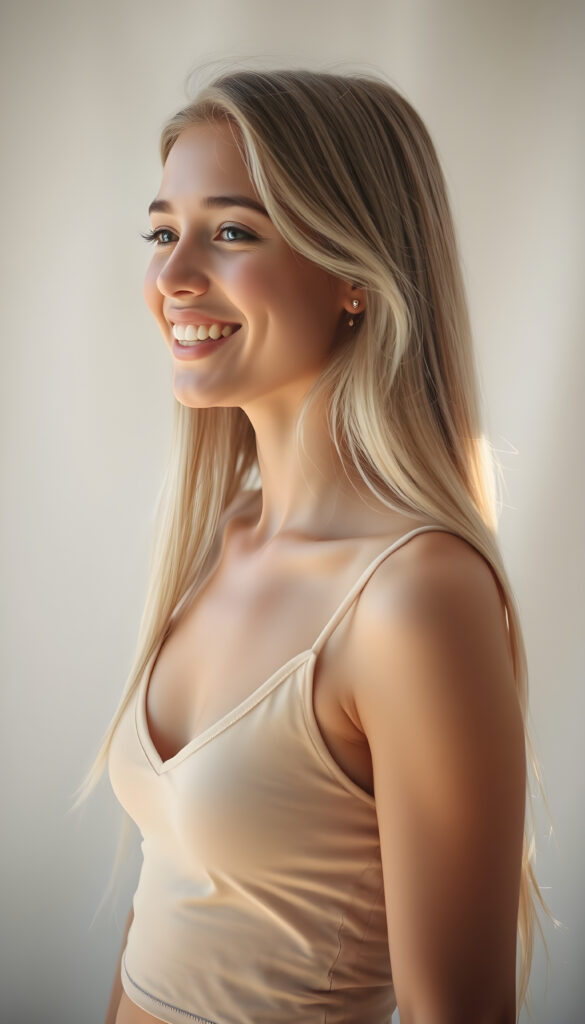 A young woman with long, flowing light amber hair and white highlights, wearing a light amber short tank top with a deep V-neck, stands radiantly against a pristine white backdrop. The sunlight filters through, casting a warm, golden glow around her. Her smile is radiant, revealing white teeth, exuding joy and youthfulness. Her side profile reveals a youthful, elegant presence, with a cute, detailed face that sparkles with innocence and happiness. The scene is enhanced with a subtle pastel color palette, soft shadows, and a gentle, dreamy atmosphere, making it visually stunning and coherent.