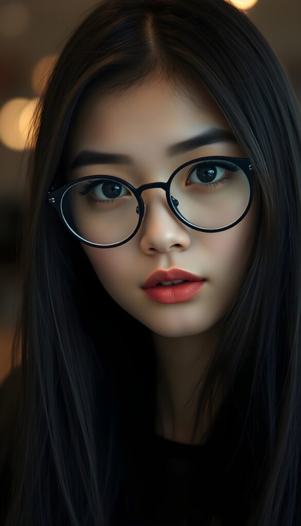 A young woman with long, fine black hair, full, plump lips, deep black, round, large eyes, black, detailed eyebrows, long eyelashes, wearing round, black glasses. Her round head is slightly tilted and gently framed by her hair.