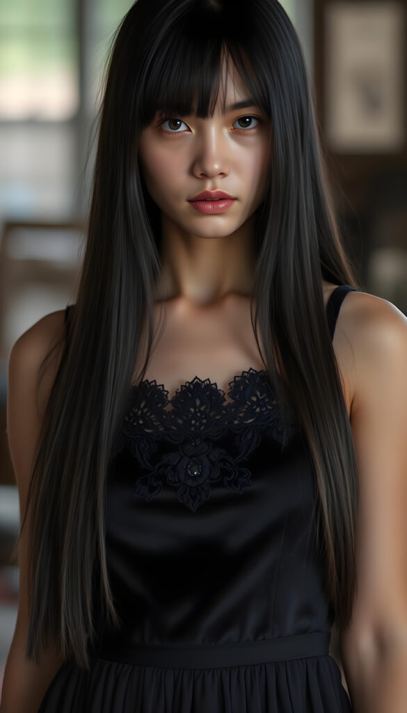 A young woman with long, straight black hair cascading down her shoulders, wearing a black velvet tank top adorned with intricate lace and long round skirt. Her eyes are a striking silver.