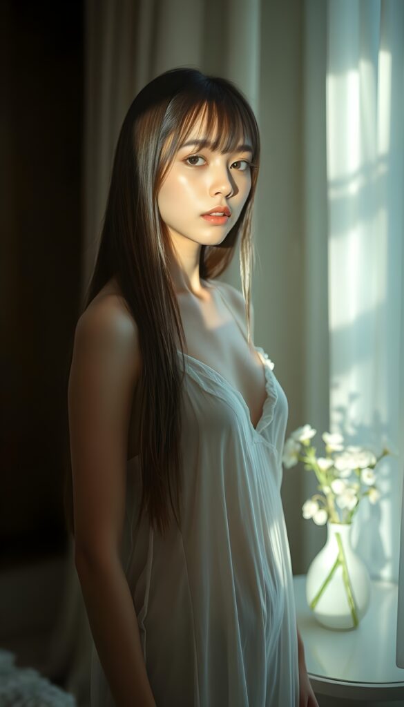 A young woman with long, straight hair and bangs stands gracefully in a room illuminated by soft, ethereal light. She wears a delicate, translucent nightgown that hugs her curves, with a subtle glow emanating from within. Her face is serene and angelic, reflecting a hint of weariness. The scene is bathed in a dreamy, monochromatic palette, accentuating the contrast between light and shadow. A vase of delicate, white flowers sits on a nearby table, adding to the tranquil ambiance. The composition captures the essence of tranquility and elegance, with a focus on the interplay of light and texture.