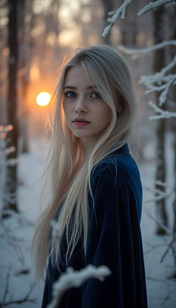 A young woman with flowing silver hair and violet eyes stands gracefully in a winter wonderland, her lips a gentle pink. She wears a deep blue velvet cloak, shimmering in the dawn's soft light. The snow-covered forest around her is painted with hues of icy white, silver, pale lavender, and soft gray, creating a dreamlike scene. Frost decorates the branches, while the rising sun casts a warm golden glow, blending romanticism and fantasy. Trees in the background are frosted, adding to the serene winter landscape.