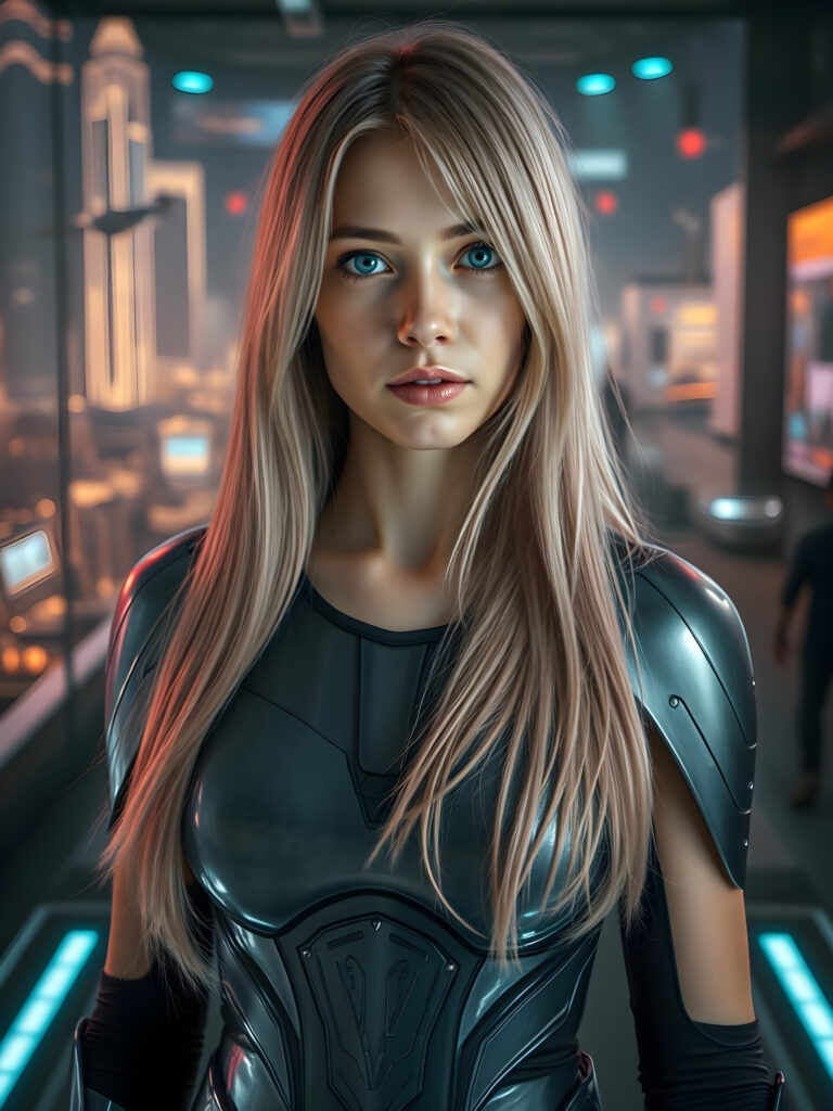 A young woman with shoulder long, flowing pink hair falls like a waterfall upper body and mesmerizing light blue eyes stands in a futuristic armor, adorned with intricate glowing silver patterns. The armor is sleek and modern, reflecting advanced technology. She is positioned in a high-tech environment with holographic interfaces and neon lights. The scene is set against a backdrop of a bustling sci-fi cityscape with flying vehicles and towering skyscrapers. The lighting is dramatic, casting a soft glow on her face and highlighting the armor's details. The overall composition emphasizes her strong and confident stance, with dynamic angles and vivid colors to enhance the futuristic theme.