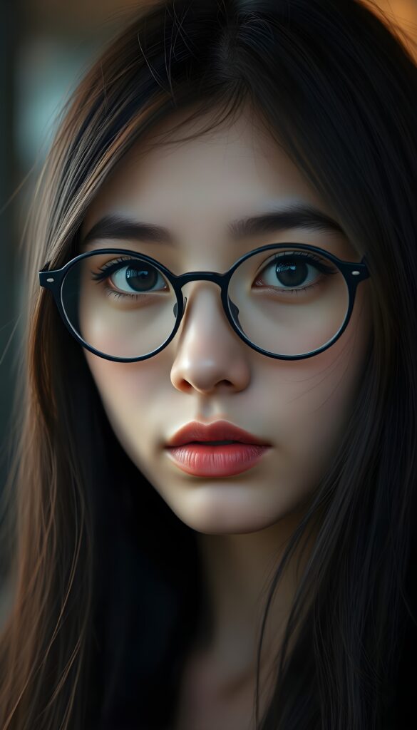 A young woman with long, fine black hair, full, plump lips, deep black, round, large eyes, black, detailed eyebrows, long eyelashes, wearing round, black glasses. Her round head is slightly tilted and gently framed by her hair.